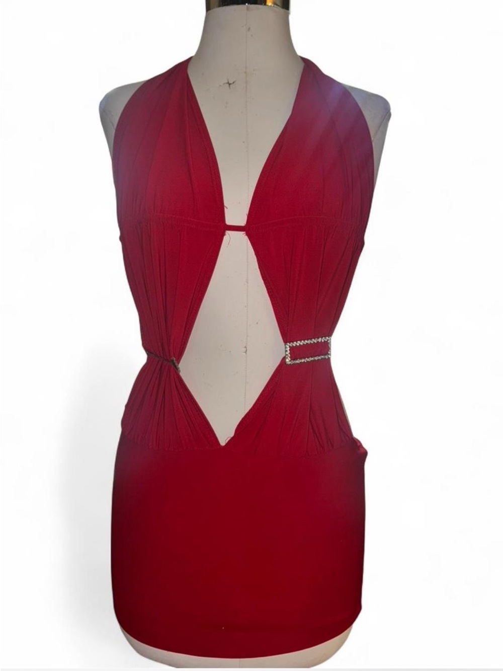Y2K red halter cutout mini dress w/ rhinestone buckle